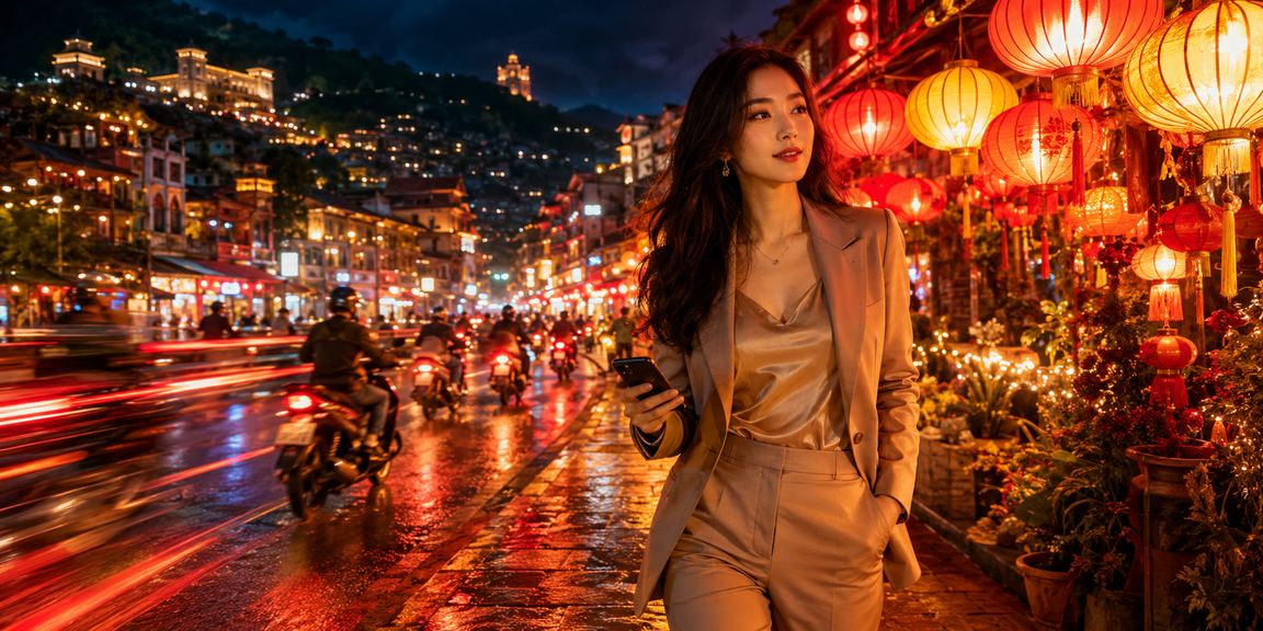 Người dùng đăng ký tài khoản ks2 tại chợ đêm Sapa dưới ánh đèn lễ hội